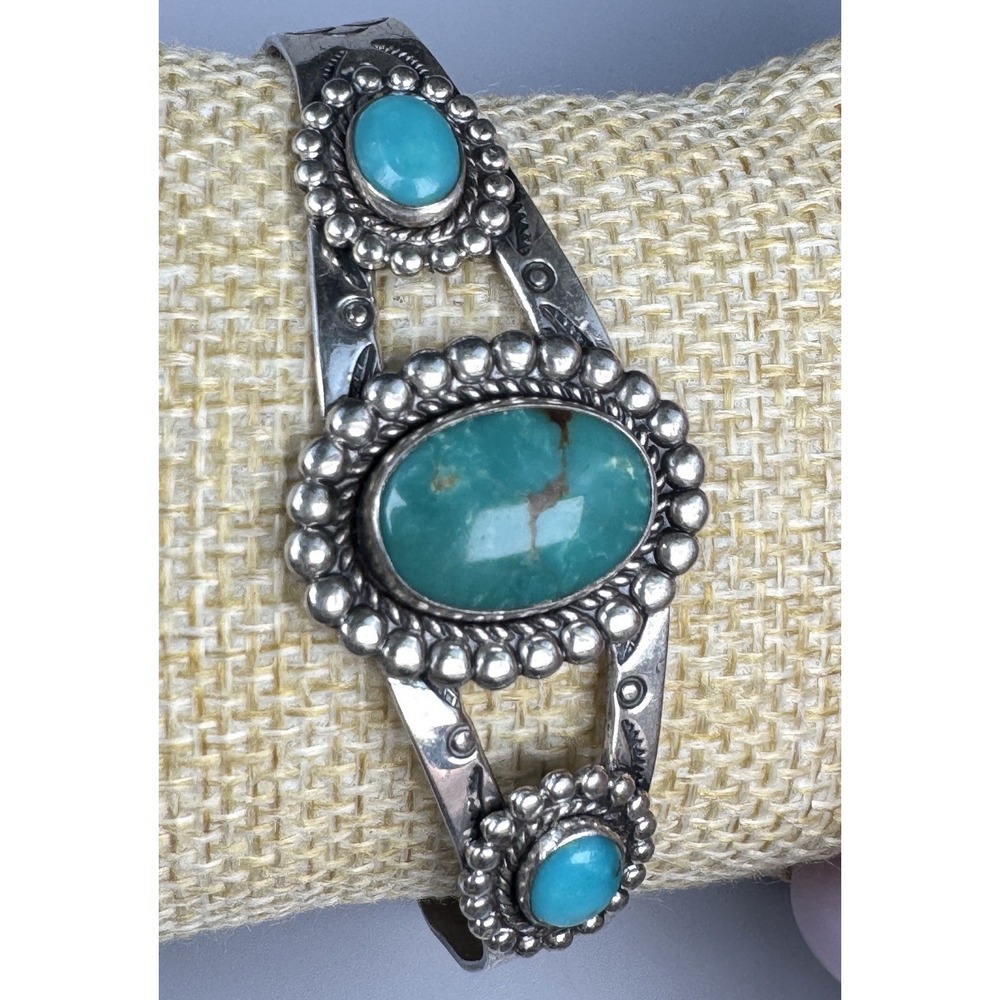 Bell Trading Post Sterling Silver 3 Stone Turquoise Cuff Bracelet 18.65g Vintage